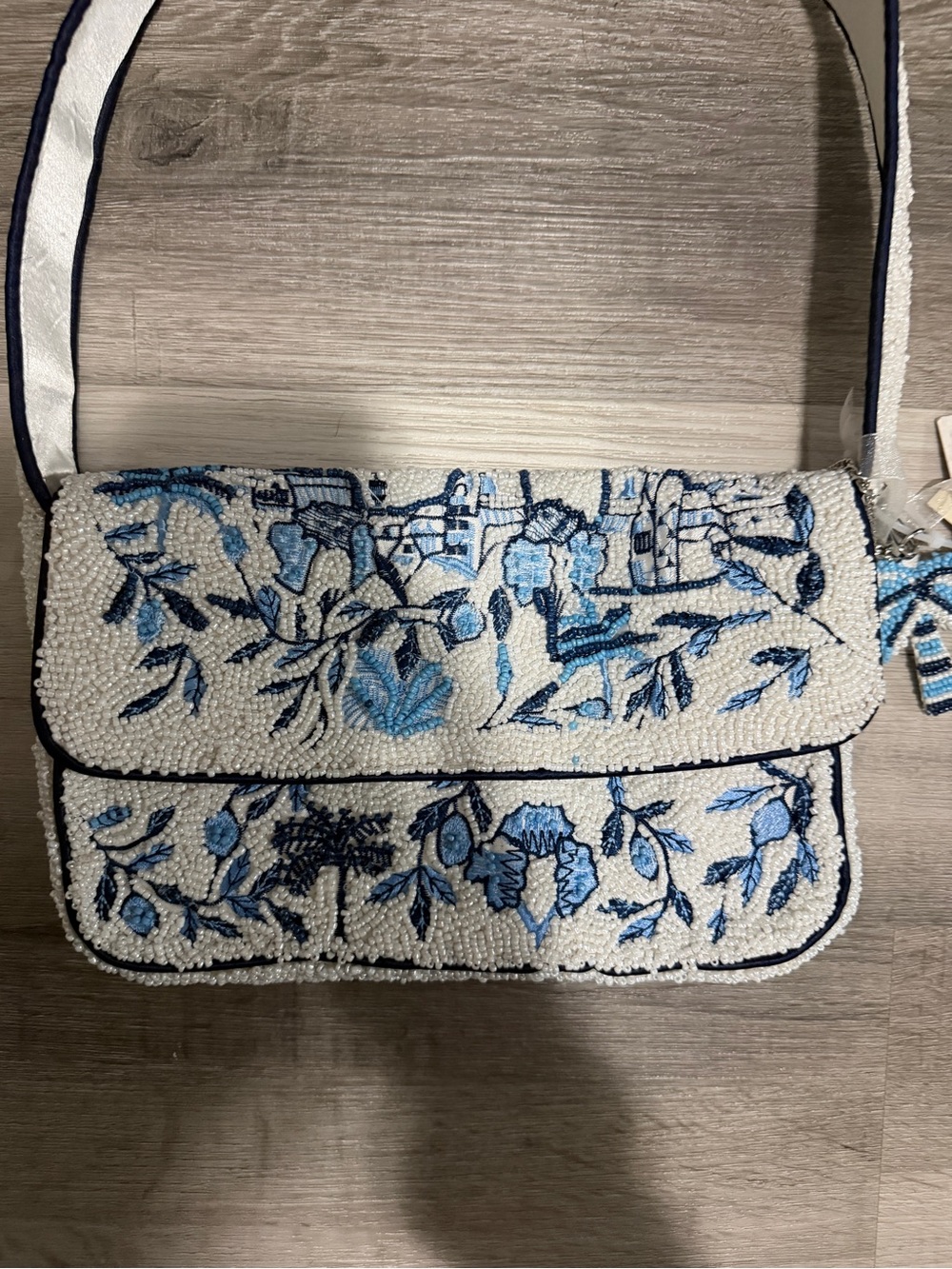 Made in India • Blue and White Beaded Palm Tree Shoulder Bag - Picture 2 of 6